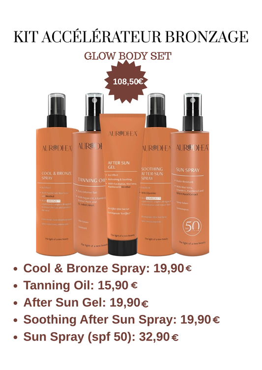 Kit accélérateur de bronzage pour une peau hâlée rapidement, protection et soin solaire